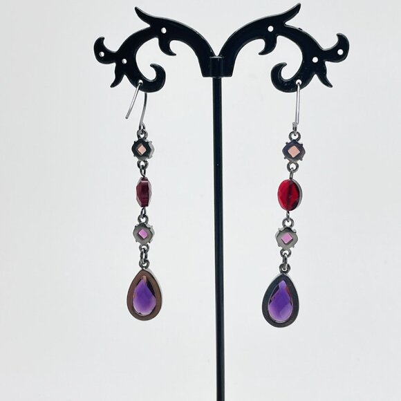 CHAPS Dangle Earrings Purple Teardrop Faceted Beads Gunmetal Tone Boho Glam - Picture 9 of 9